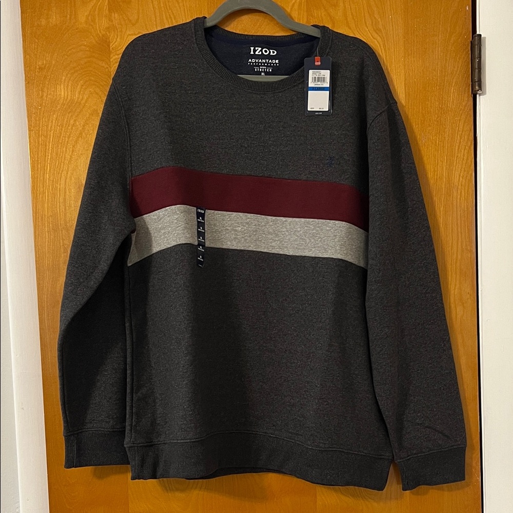 Izod Men's Dark Gray Sweater with Maroon and Light Gray Stripes